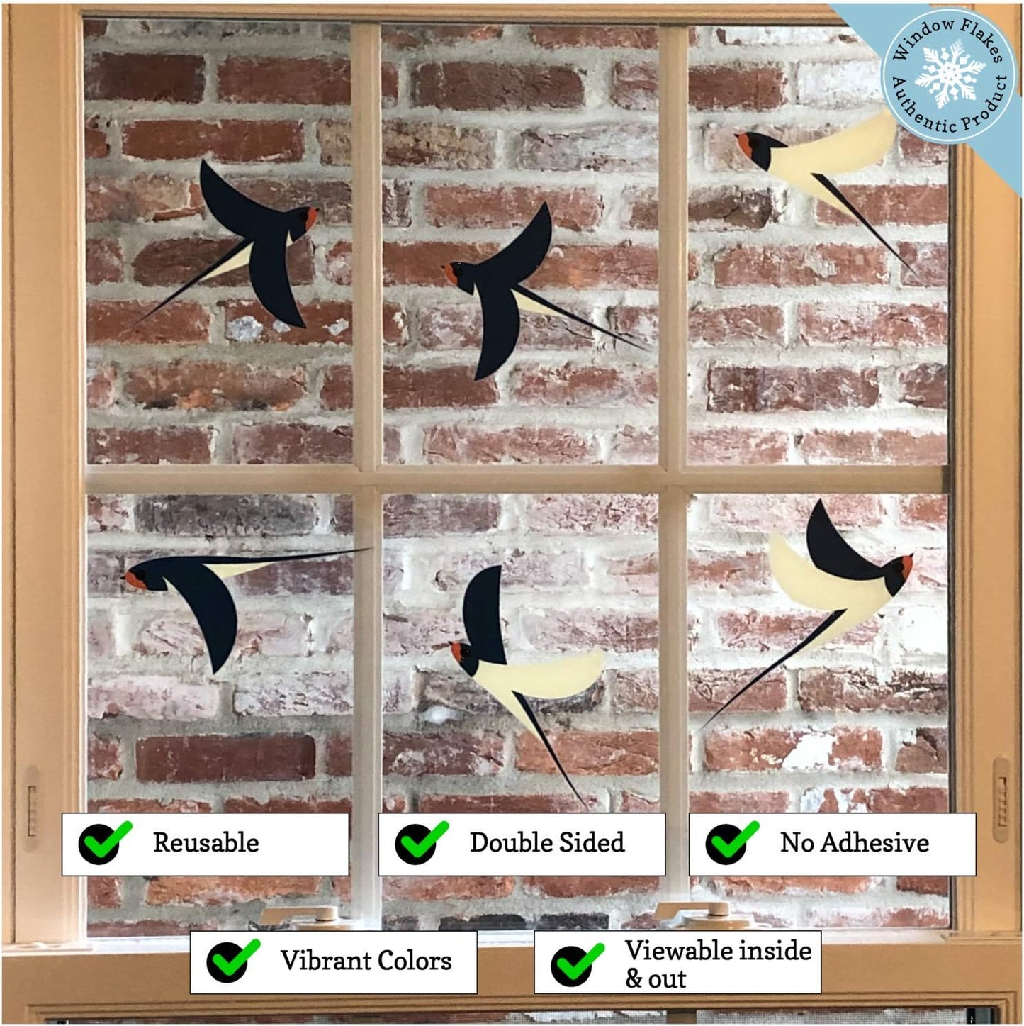 Brand 6 Flying Swallow Static Cling Decals for Glass Windows & Doors - anti Collision Bird Stickers Decor, Navy-Cream-Orange, Reusable, Made in USA