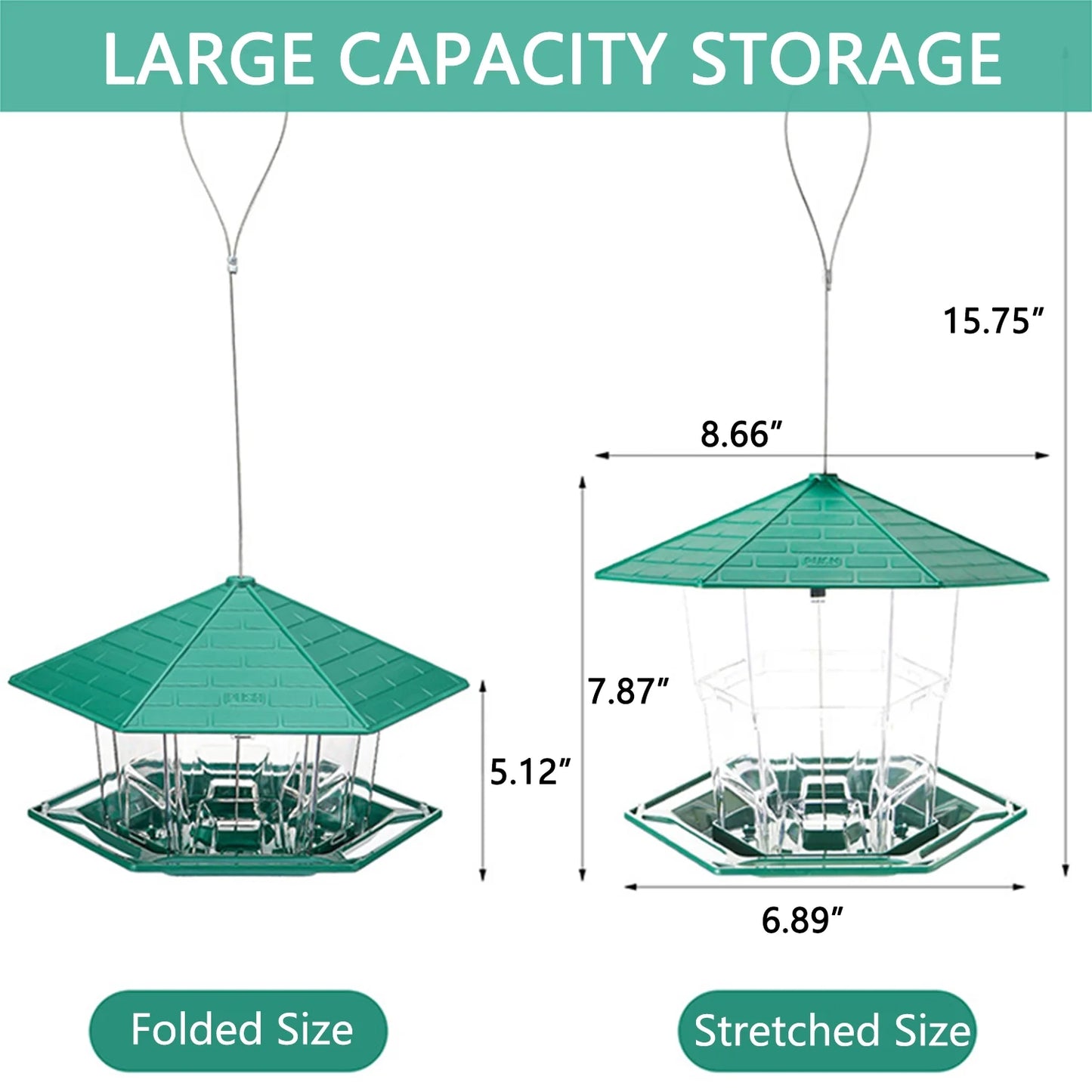 Bird Feeder for Outdoor Hanging, Expandable 7.8'' Tall Latch Feature, Heavy Duty Bird Feeders for outside Garden Yard Decoration Green