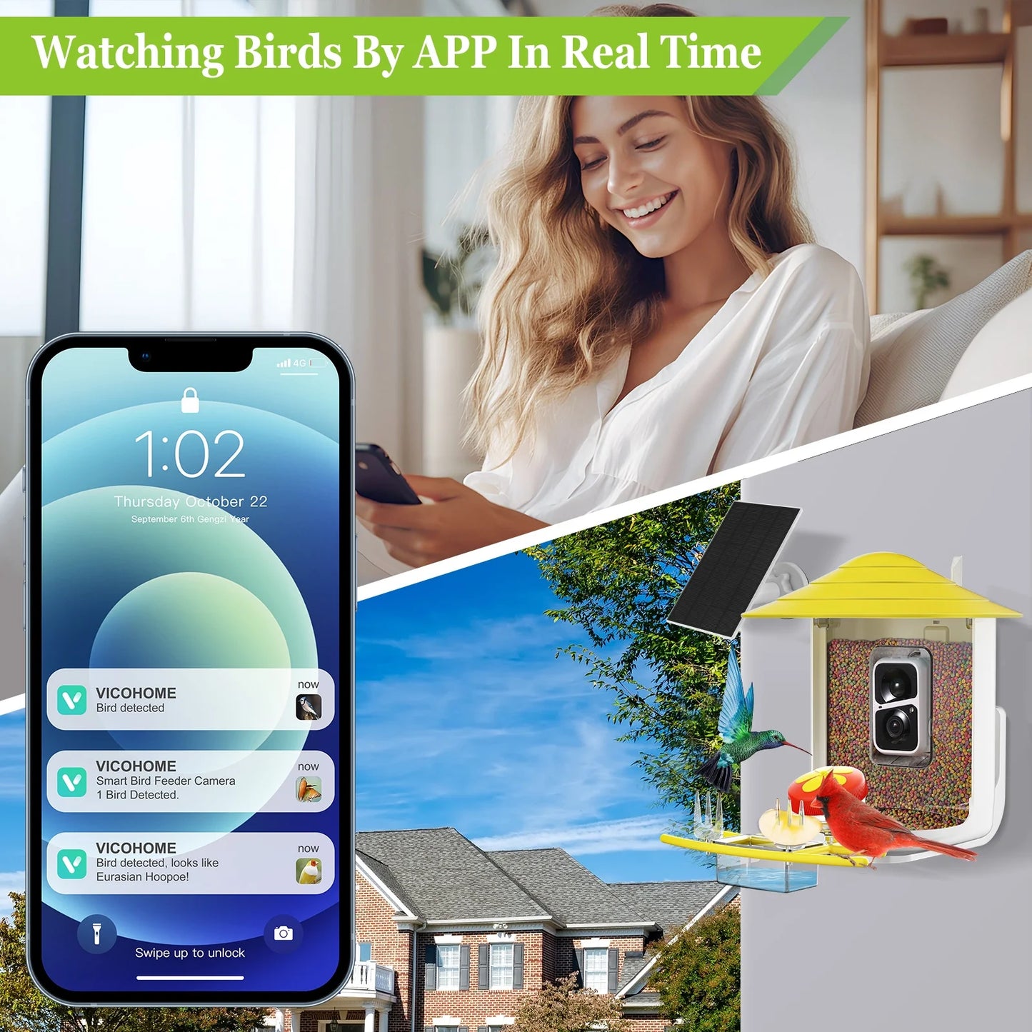 Smart Bird Feeder Camera, Auto Capture Bird Videos & Motion Detection, Solar-Powered Charging Wireless Bird Watching Camera, Ideal Present for Bird Lover