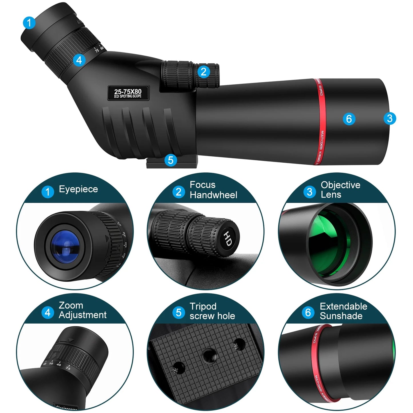 25-75 X 80 Spotting Scope with Tripod Phone Adapter Monocular Telescope Spotting Scopes for Target Shooting Hunting Bird Watching