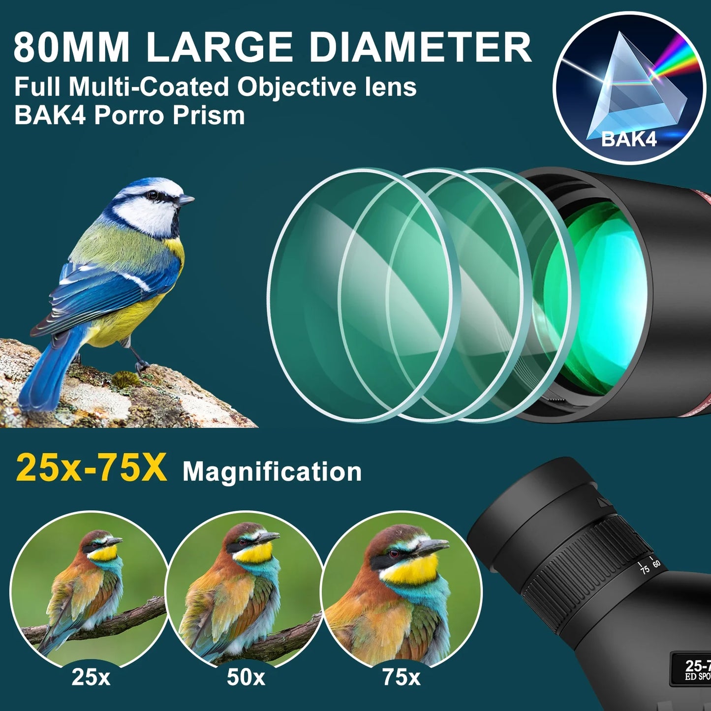 25-75 X 80 Spotting Scope with Tripod Phone Adapter Monocular Telescope Spotting Scopes for Target Shooting Hunting Bird Watching