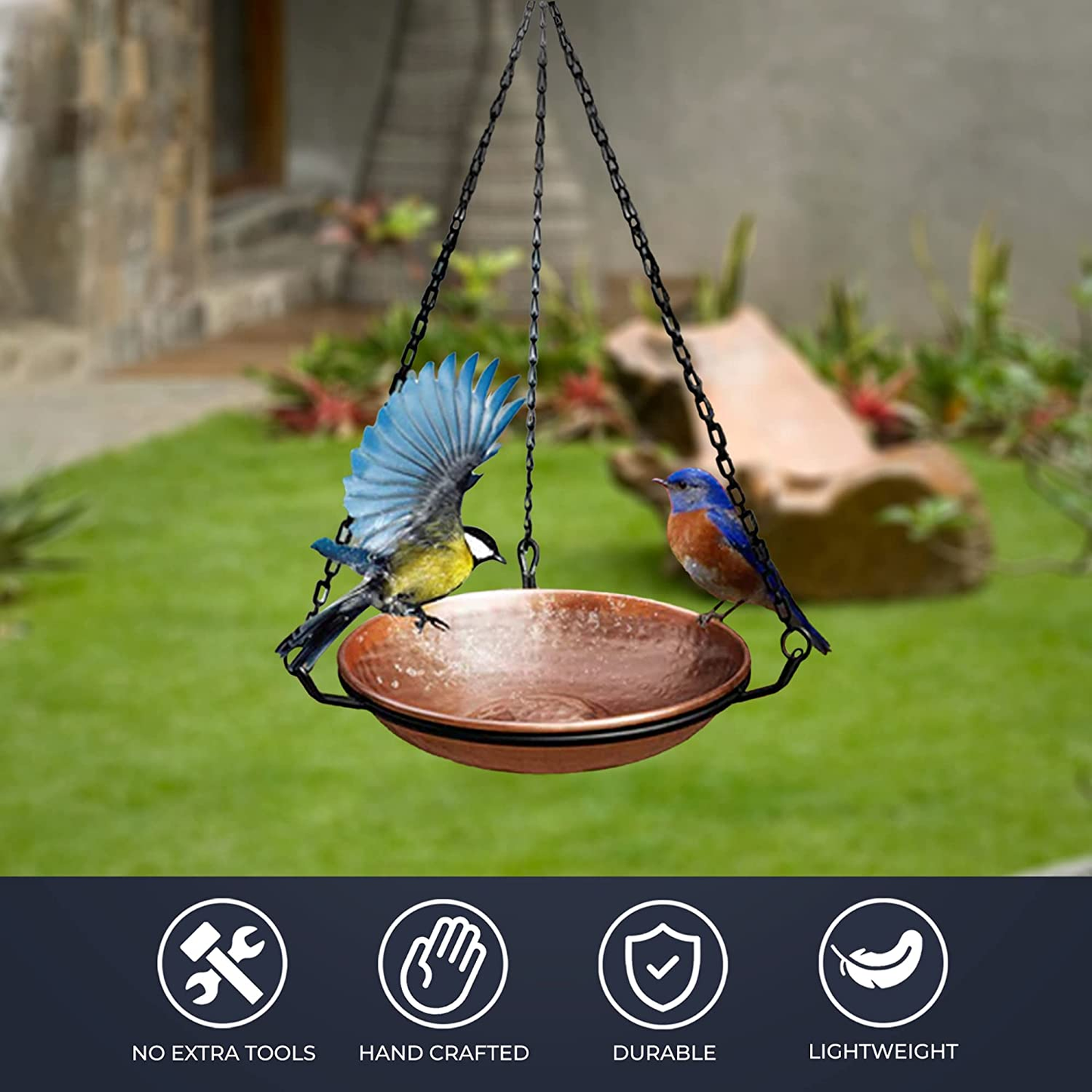 Pure Copper Hand Hammered Hanging Bird Bath and Feeder W/Iron Chain, 17-Inch Detachable Iron Chain Outdoor Birdbath and Bird Feeder for Garden Backyard Patio & Deck