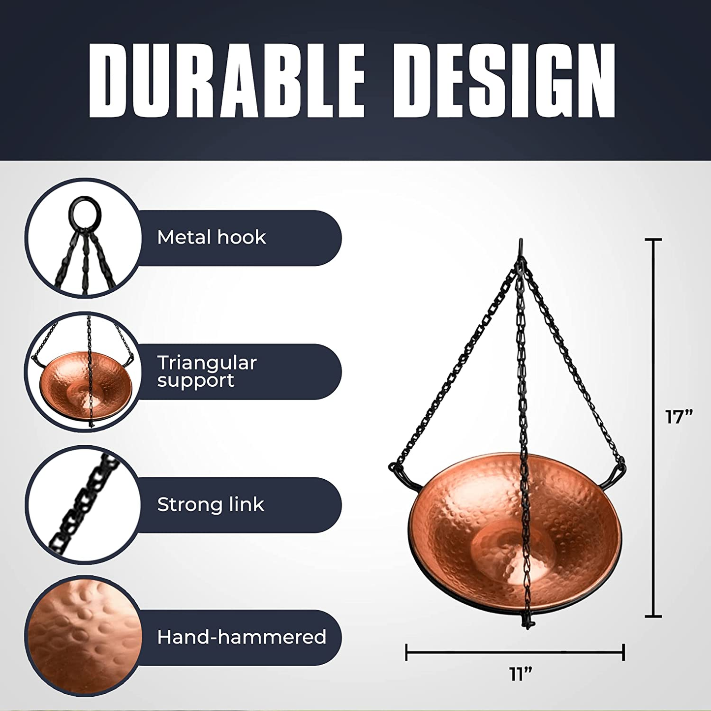 Pure Copper Hand Hammered Hanging Bird Bath and Feeder W/Iron Chain, 17-Inch Detachable Iron Chain Outdoor Birdbath and Bird Feeder for Garden Backyard Patio & Deck