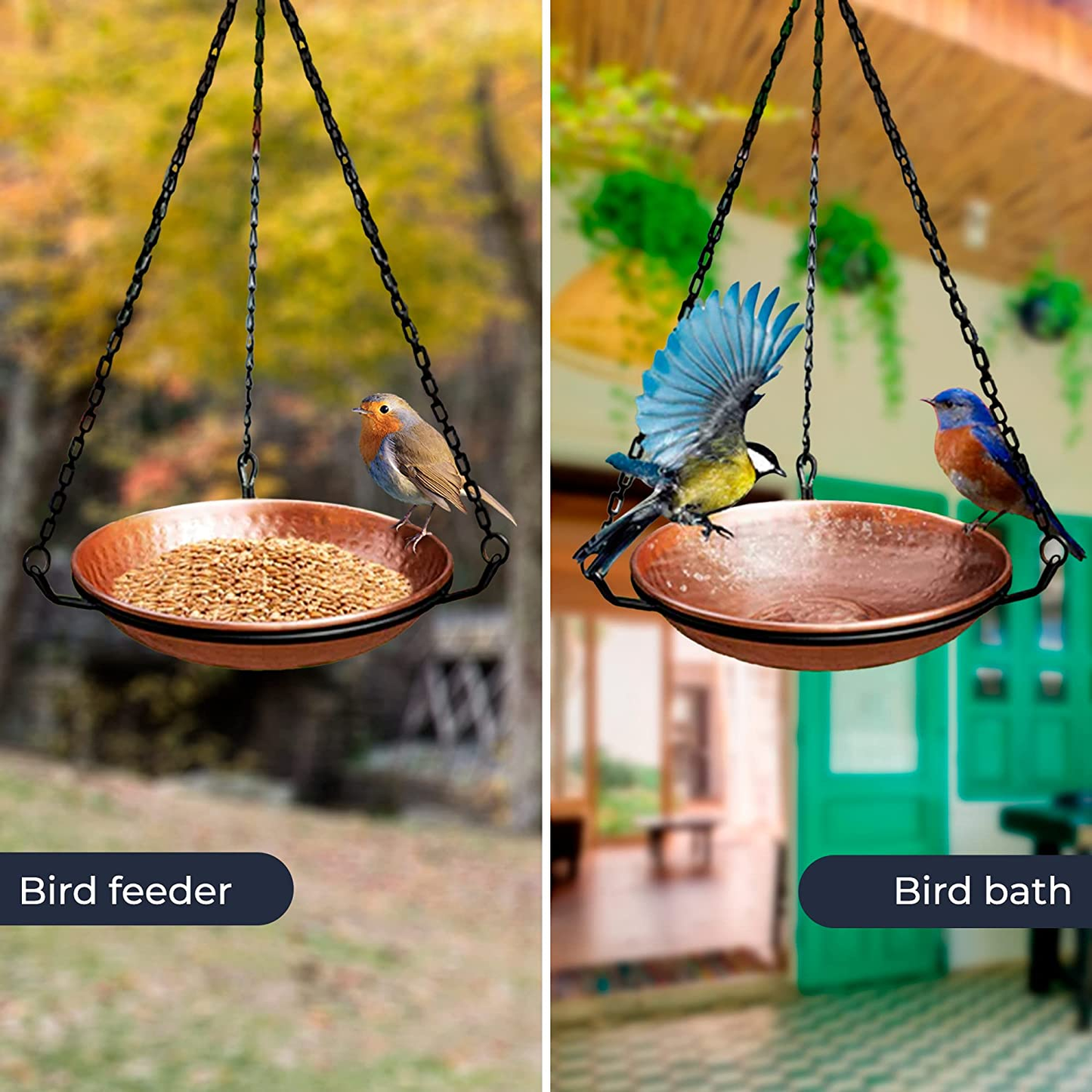 Pure Copper Hand Hammered Hanging Bird Bath and Feeder W/Iron Chain, 17-Inch Detachable Iron Chain Outdoor Birdbath and Bird Feeder for Garden Backyard Patio & Deck