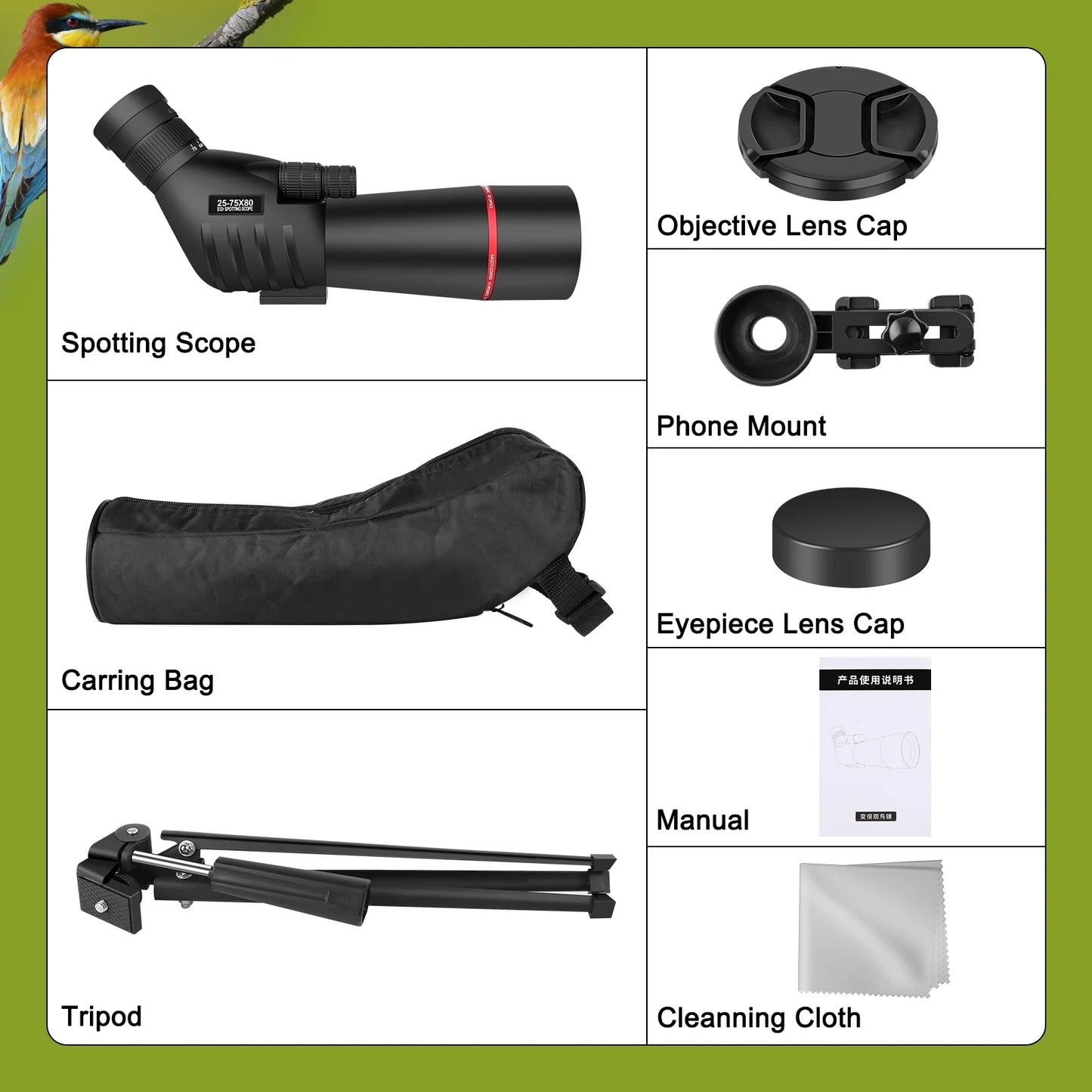 25-75 X 80 Spotting Scope with Tripod Phone Adapter Monocular Telescope Spotting Scopes for Target Shooting Hunting Bird Watching