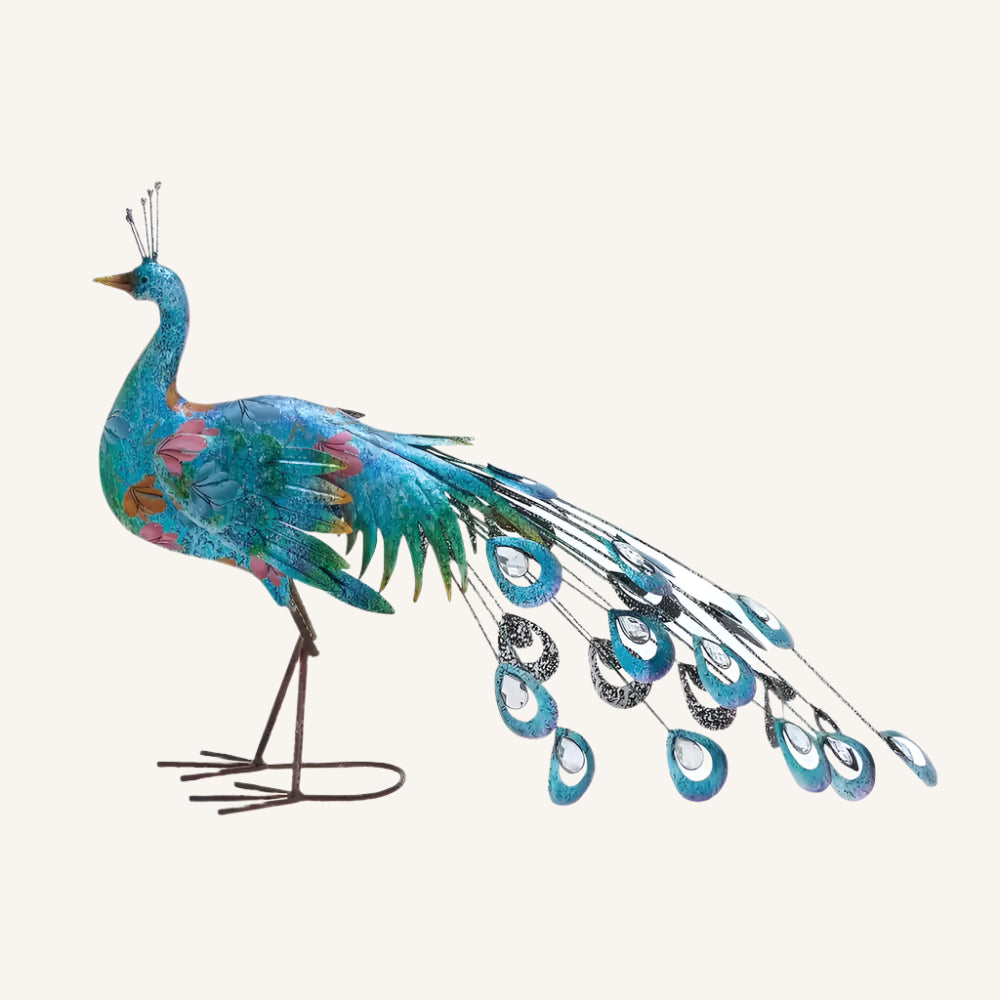 20 In. Metal Indoor Outdoor Peacock Garden Sculpture with Crystal Accents