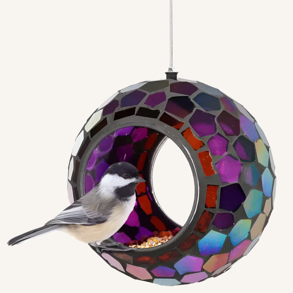Iridescent Mosaic Glass Hanging Bird Feeder