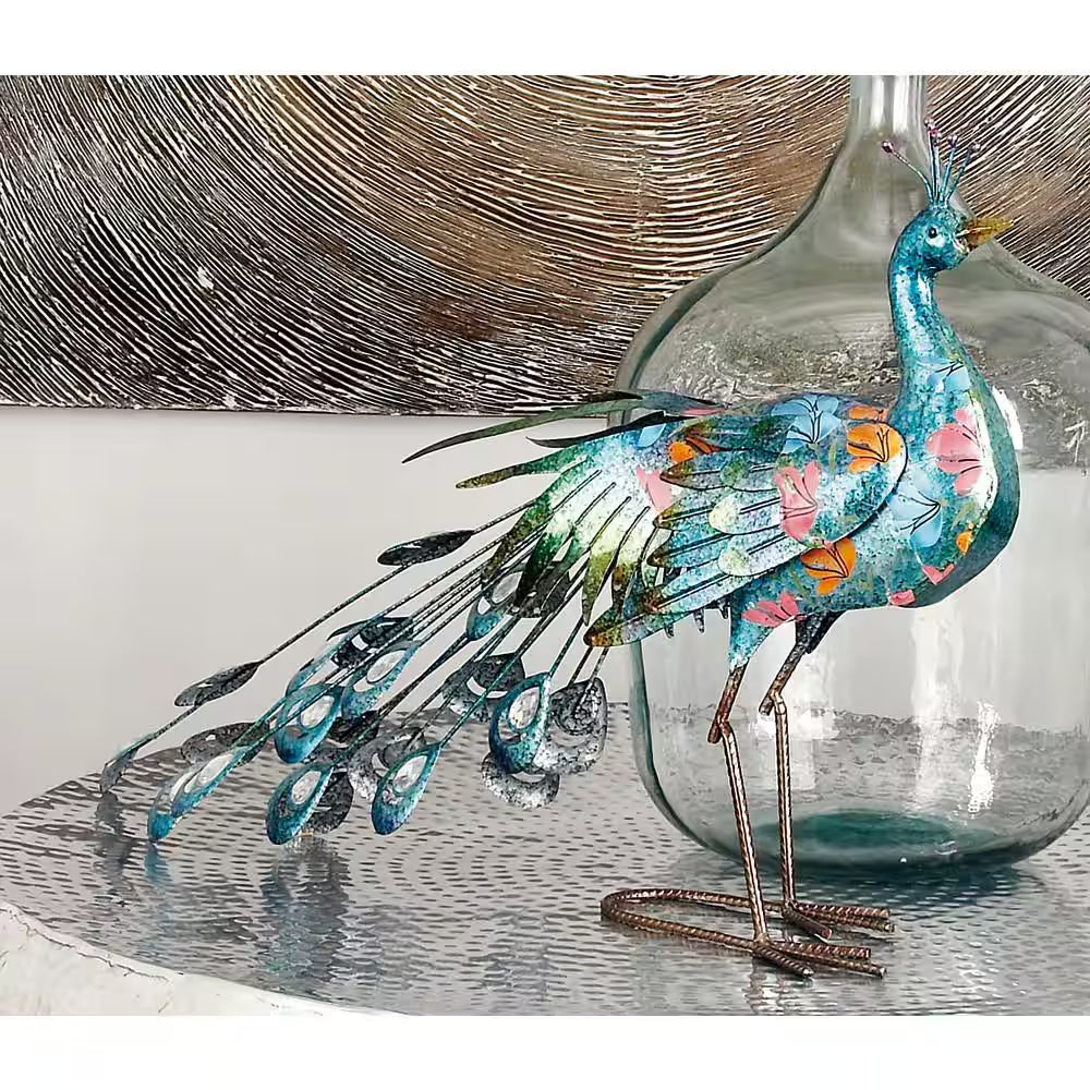 20 In. Metal Indoor Outdoor Peacock Garden Sculpture with Crystal Accents