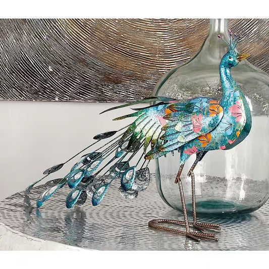 20 In. Metal Indoor Outdoor Peacock Garden Sculpture with Crystal Accents