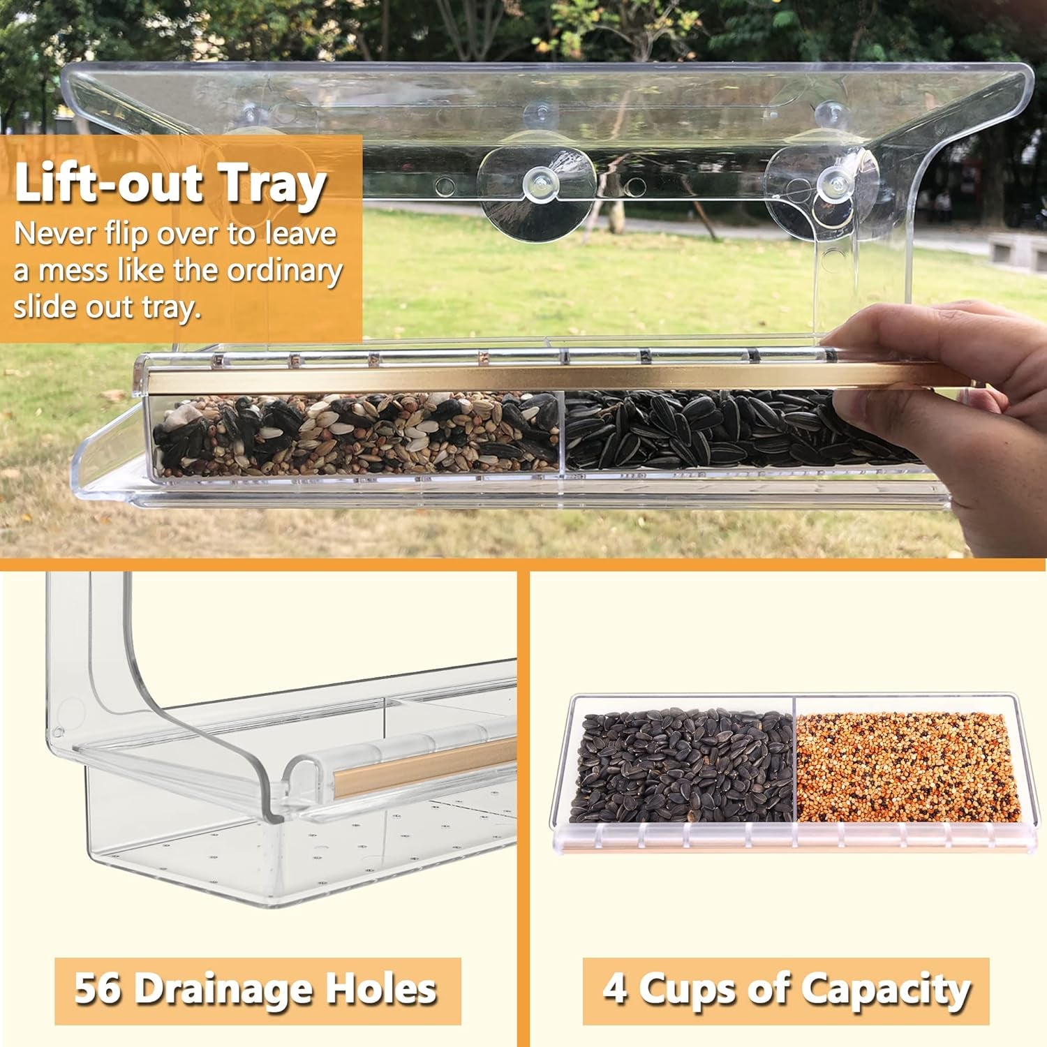 Shatterproof Window Bird Feeder with Strongest Suction Cups, Polycarbonate Window Mount Feeder with Crystal Clear View & Life-Out Tray, Fits Bigger Birds like Cardinal or Blue Jay, Clear