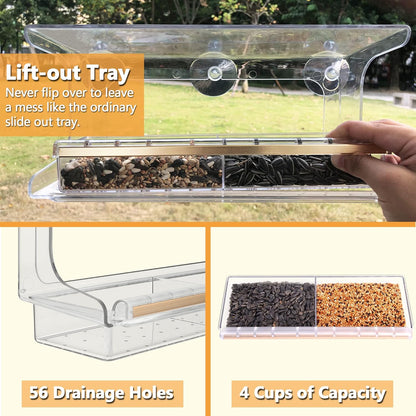 Shatterproof Window Bird Feeder with Strongest Suction Cups, Polycarbonate Window Mount Feeder with Crystal Clear View & Life-Out Tray, Fits Bigger Birds like Cardinal or Blue Jay, Clear