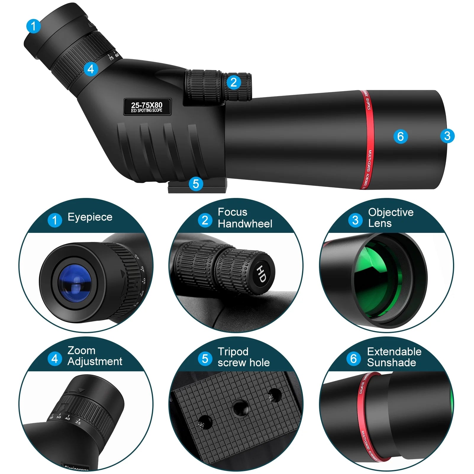 25-75 X 80 Spotting Scope with Tripod Phone Adapter Monocular Telescope Spotting Scopes for Target Shooting Hunting Bird Watching