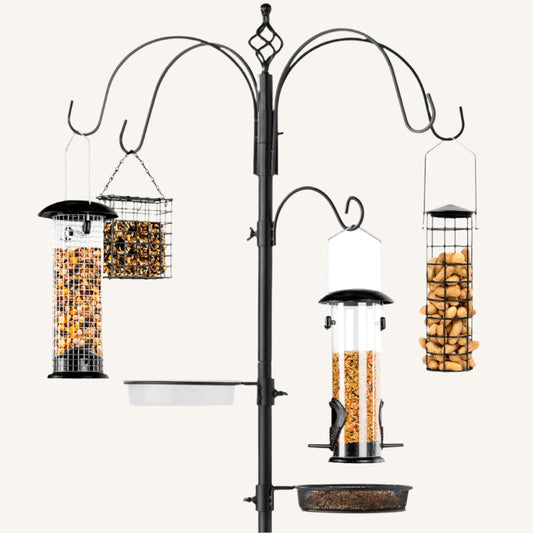 89In 6-Hook Bird Feeding Station, Steel Multi-Feeder Stand W/ 4 Feeders, Tray, Bird Bath - Black