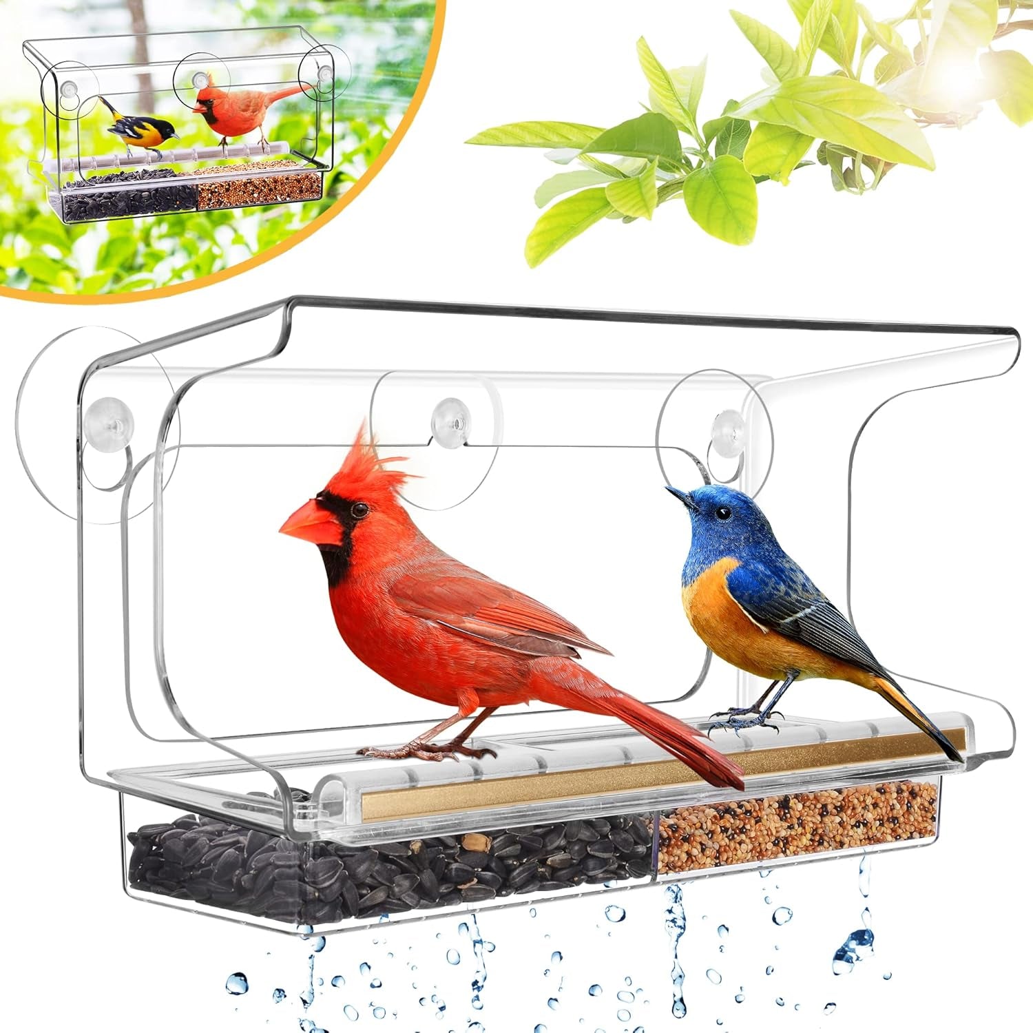 Shatterproof Window Bird Feeder with Strongest Suction Cups, Polycarbonate Window Mount Feeder with Crystal Clear View & Life-Out Tray, Fits Bigger Birds like Cardinal or Blue Jay, Clear