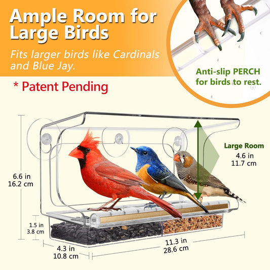 Shatterproof Window Bird Feeder with Strongest Suction Cups, Polycarbonate Window Mount Feeder with Crystal Clear View & Life-Out Tray, Fits Bigger Birds like Cardinal or Blue Jay, Clear
