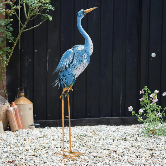 Large Standing Blue Metal Crane Garden Statue,Heron Garden Animal Sculpture,38Inch