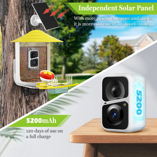 Smart Bird Feeder Camera, Auto Capture Bird Videos & Motion Detection, Solar-Powered Charging Wireless Bird Watching Camera, Ideal Present for Bird Lover
