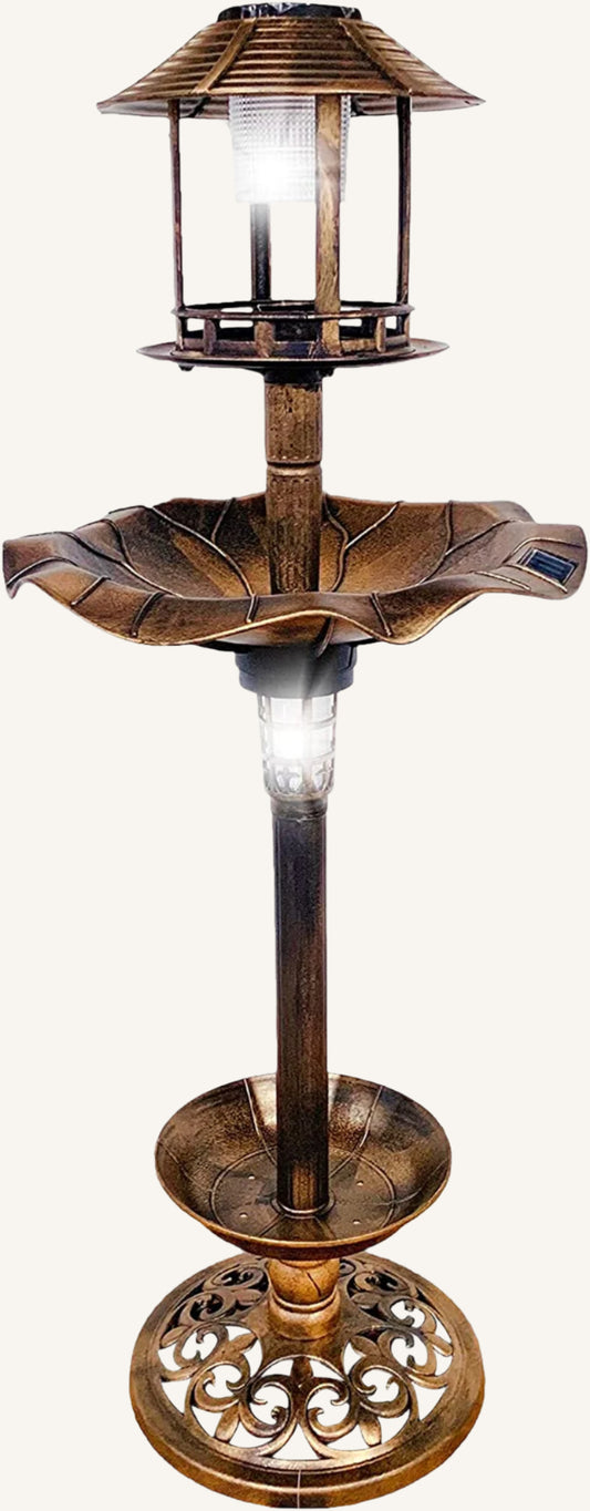 BB5171 Outdoor Solar Garden Bird Bath Vintage Lighted Pedestal Fountain Flower Birdbath Planter Accents Yard Statue Feeder, Decorative Cage, Fillable Stand Polyresin, Bronze 1