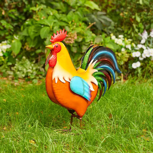 21 In. H Metal Vibrant Standing Rooster Garden Statue