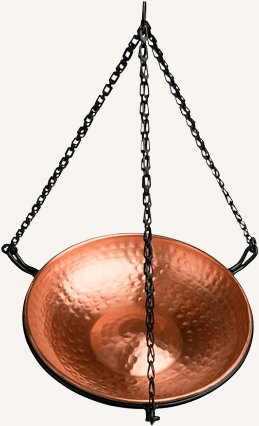 Pure Copper Hand Hammered Hanging Bird Bath and Feeder W/Iron Chain, 17-Inch Detachable Iron Chain Outdoor Birdbath and Bird Feeder for Garden Backyard Patio & Deck