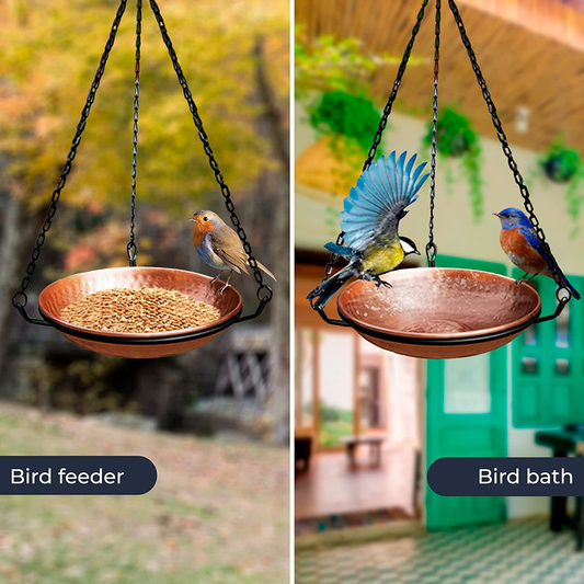 Pure Copper Hand Hammered Hanging Bird Bath and Feeder W/Iron Chain, 17-Inch Detachable Iron Chain Outdoor Birdbath and Bird Feeder for Garden Backyard Patio & Deck