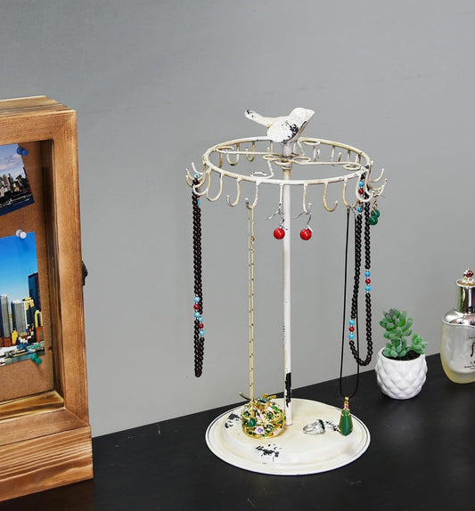 Rustic White Bird Rotating Necklace Holder Bracelet Stand/Jewelry Organizer/Jewelry Tree