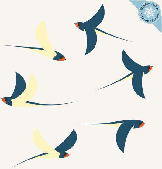 Brand 6 Flying Swallow Static Cling Decals for Glass Windows & Doors - anti Collision Bird Stickers Decor, Navy-Cream-Orange, Reusable, Made in USA
