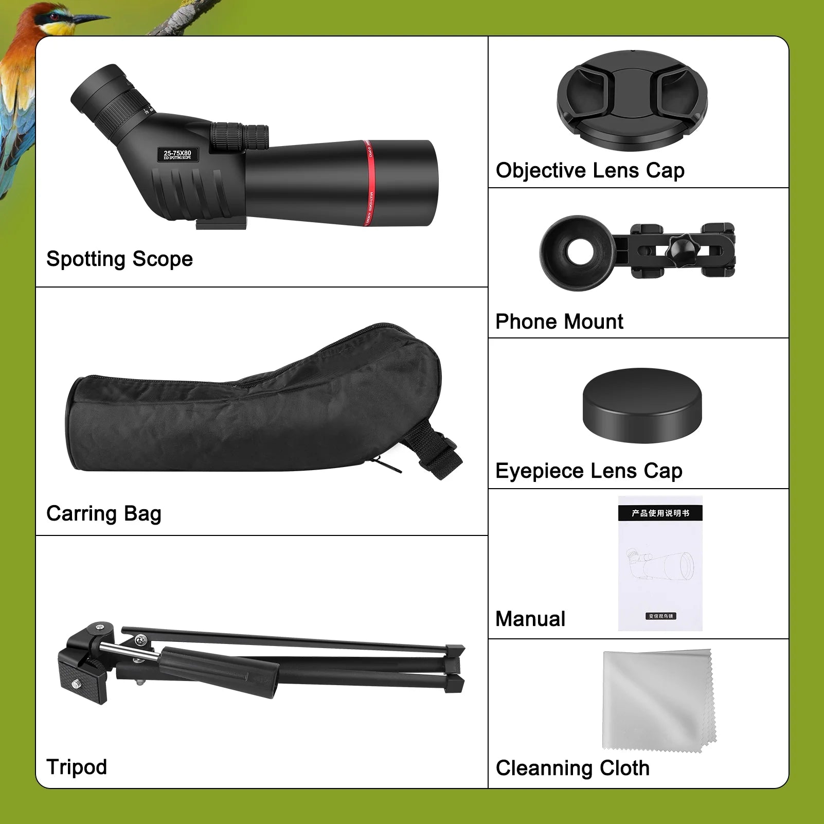 25-75 X 80 Spotting Scope with Tripod Phone Adapter Monocular Telescope Spotting Scopes for Target Shooting Hunting Bird Watching